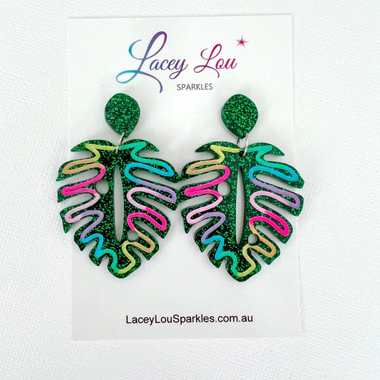 Statement Monstera Acrylic Dangles - Green - Lacey Lou Sparkles