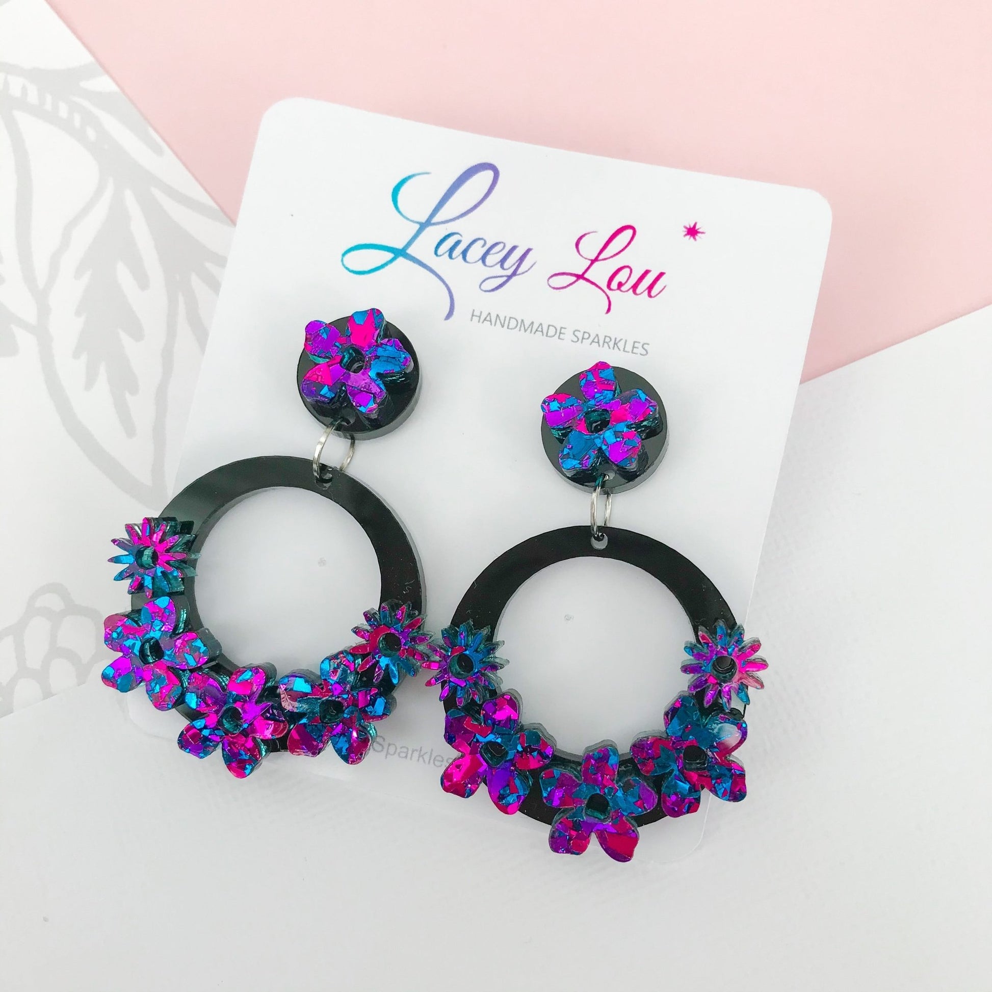 Statement Round Floral Dangles - Midnight Blue and Black Acrylic Earrings - Lacey Lou Sparkles