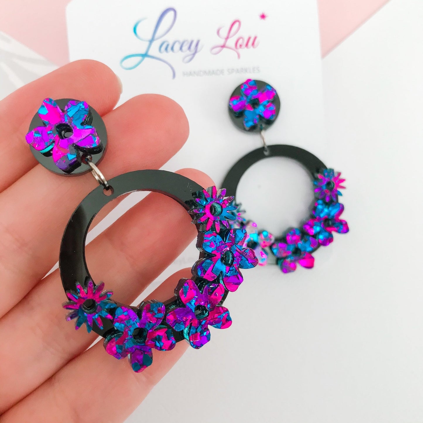 Statement Round Floral Dangles - Midnight Blue and Black Acrylic Earrings - Lacey Lou Sparkles
