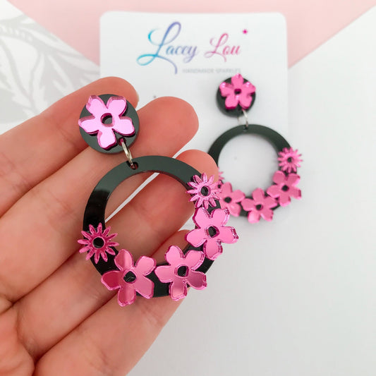 Statement Round Floral Dangles - Pink and Black Acrylic Earrings - Lacey Lou Sparkles