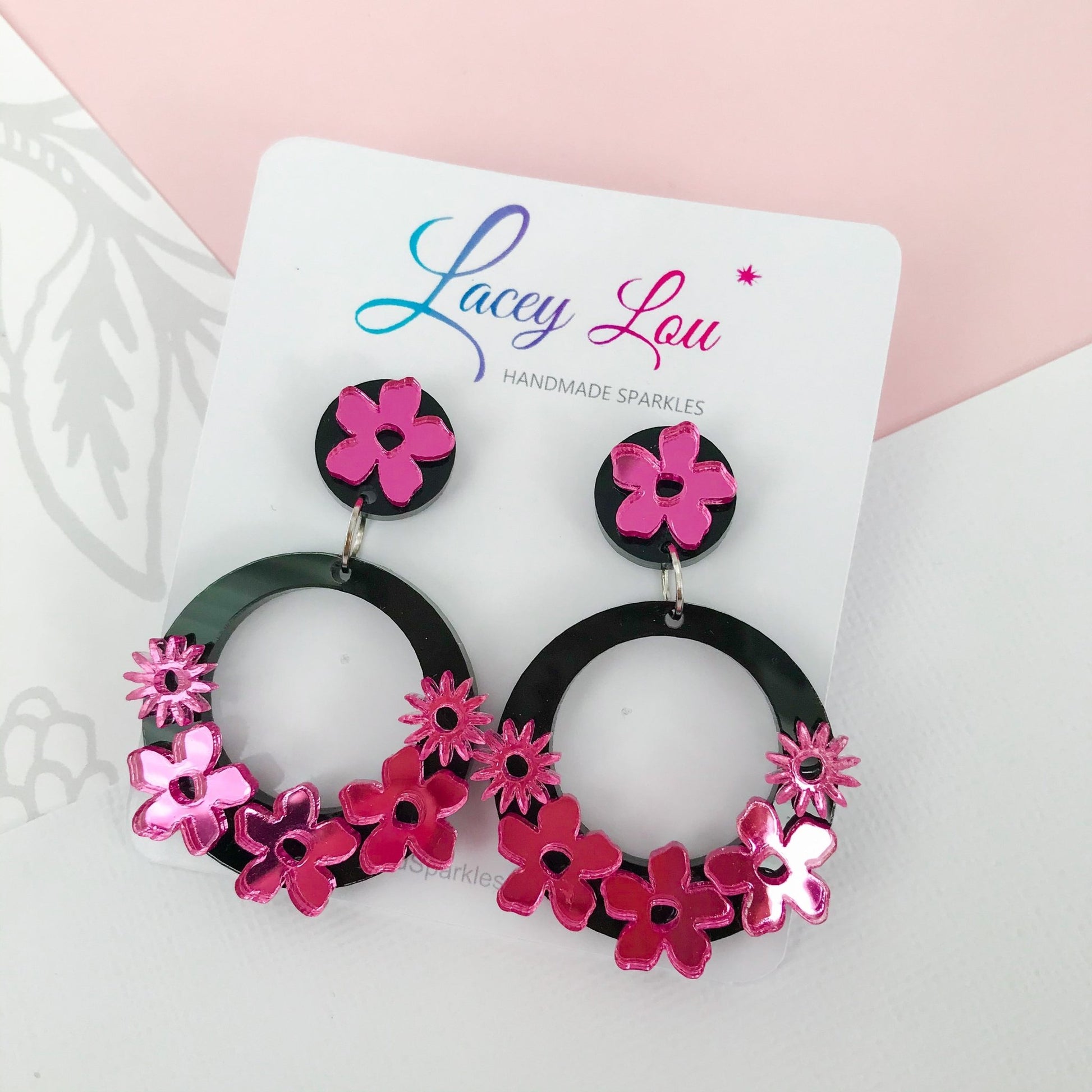 Statement Round Floral Dangles - Pink and Black Acrylic Earrings - Lacey Lou Sparkles
