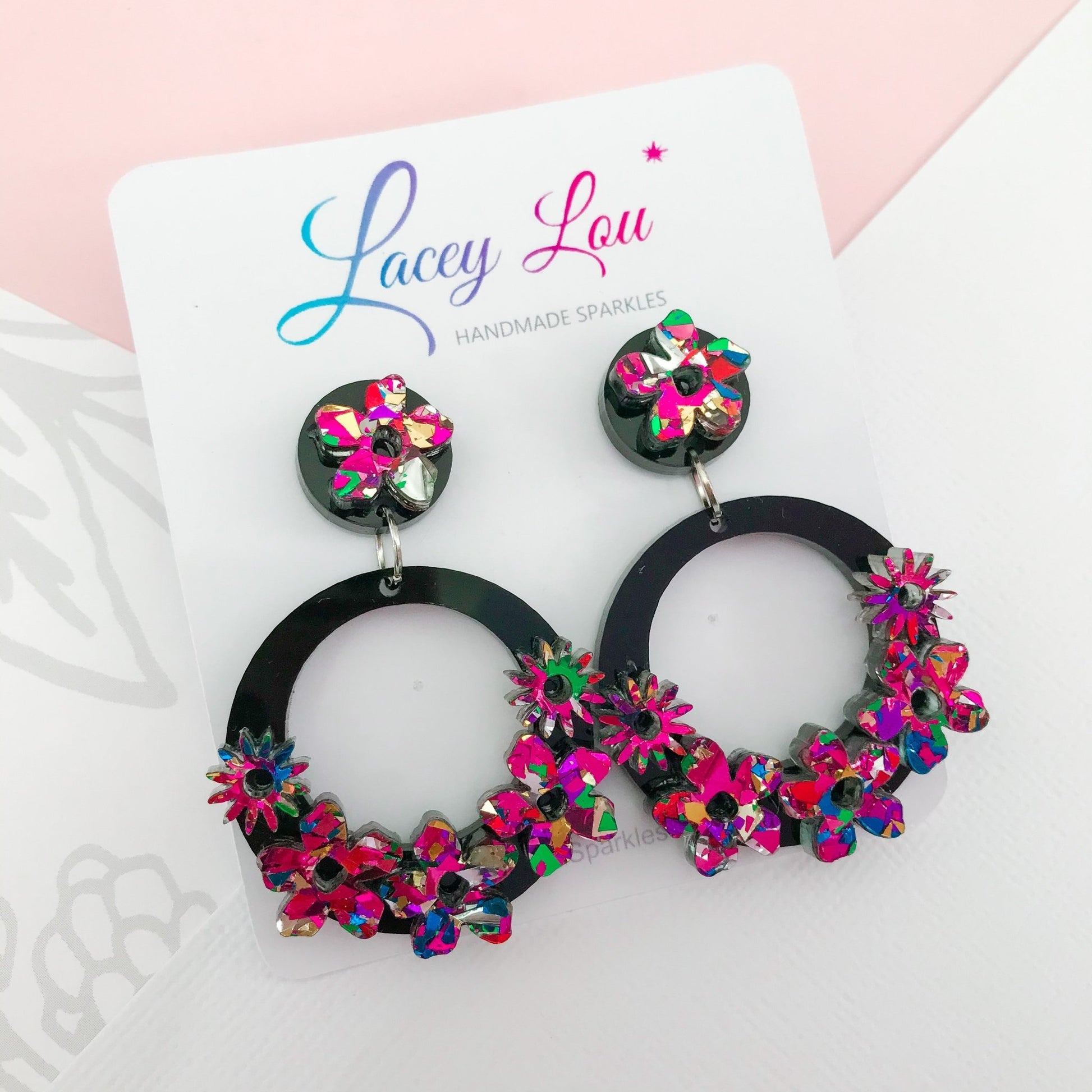 Statement Round Floral Dangles - Rainbow and Black Acrylic Earrings - Lacey Lou Sparkles
