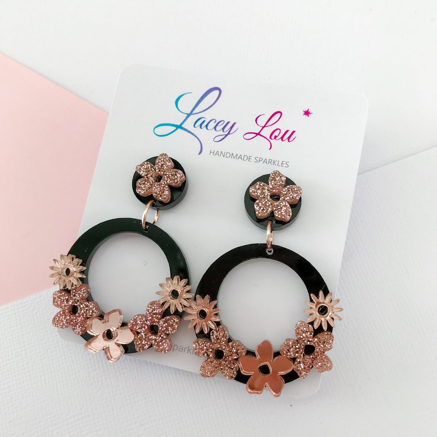 Statement Round Floral Dangles - Rose Gold and Black Acrylic Earrings - Lacey Lou Sparkles