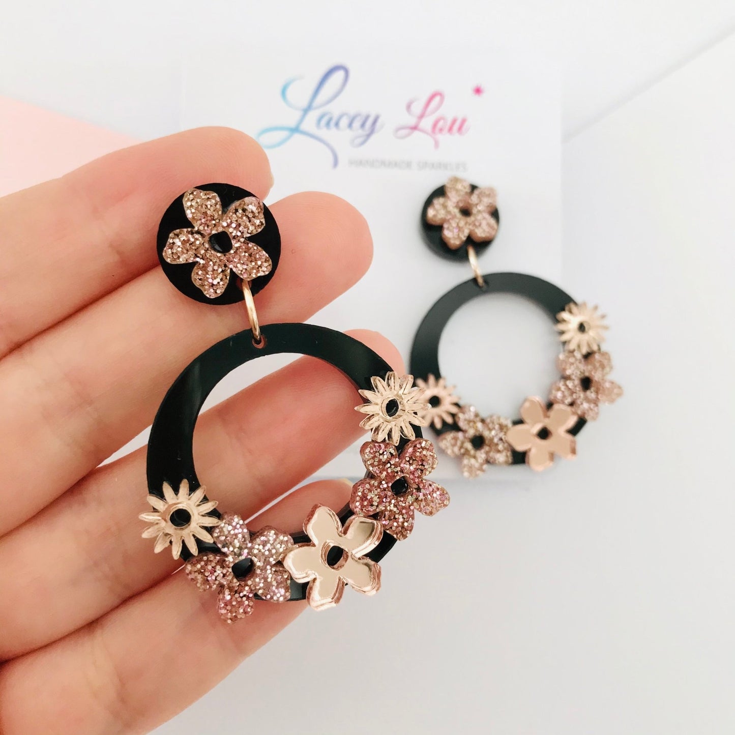 Statement Round Floral Dangles - Rose Gold and Black Acrylic Earrings - Lacey Lou Sparkles