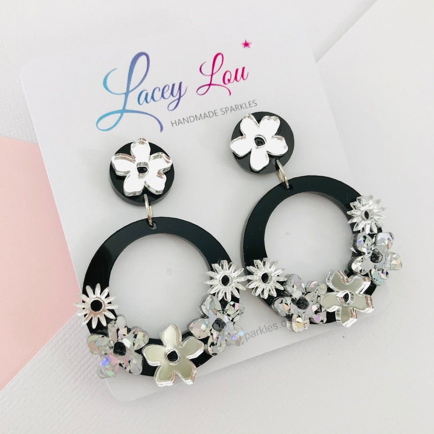 Statement Round Floral Dangles - Silver and Black Acrylic Earrings - Lacey Lou Sparkles