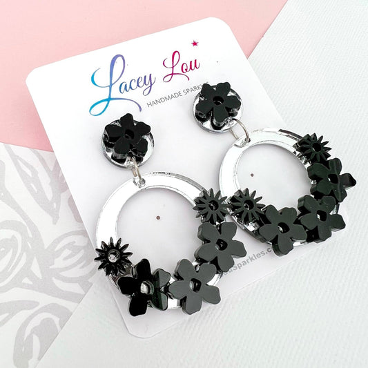 Statement Round Floral Dangles - Silver and Black Acrylic Earrings - Lacey Lou Sparkles