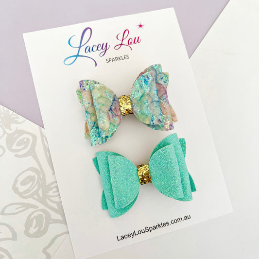 Sweet Hair Bow Set - Aqua - Lacey Lou Sparkles