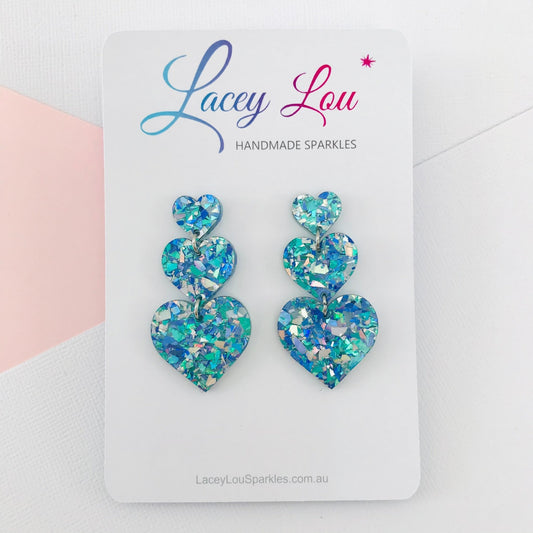 Triple Stacked Love Heart Dangles - Ice Blue Glitter - Lacey Lou Sparkles