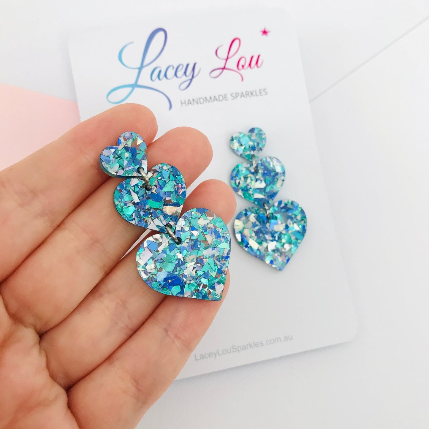 Triple Stacked Love Heart Dangles - Ice Blue Glitter - Lacey Lou Sparkles
