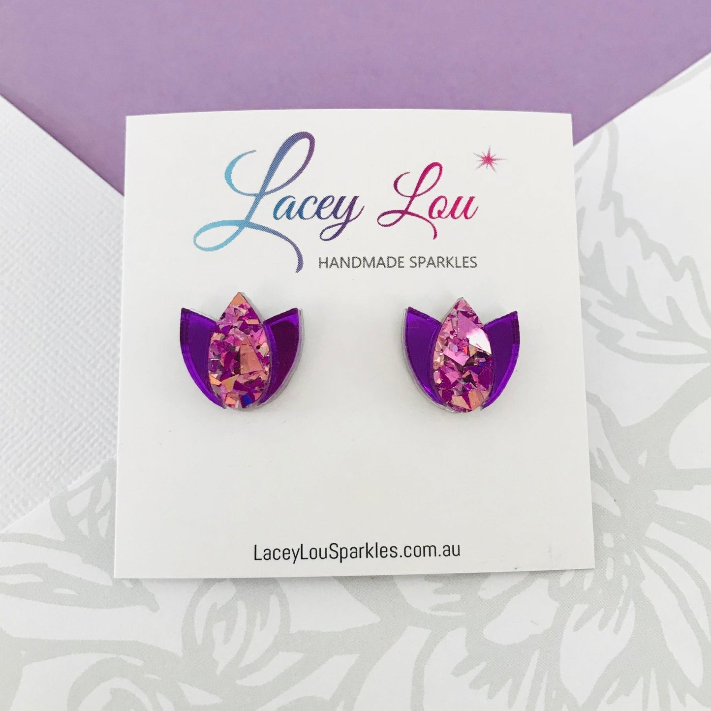 Tulip Acrylic Earrings - Unicorn Pink and Purple Tulip Studs - Lacey Lou Sparkles