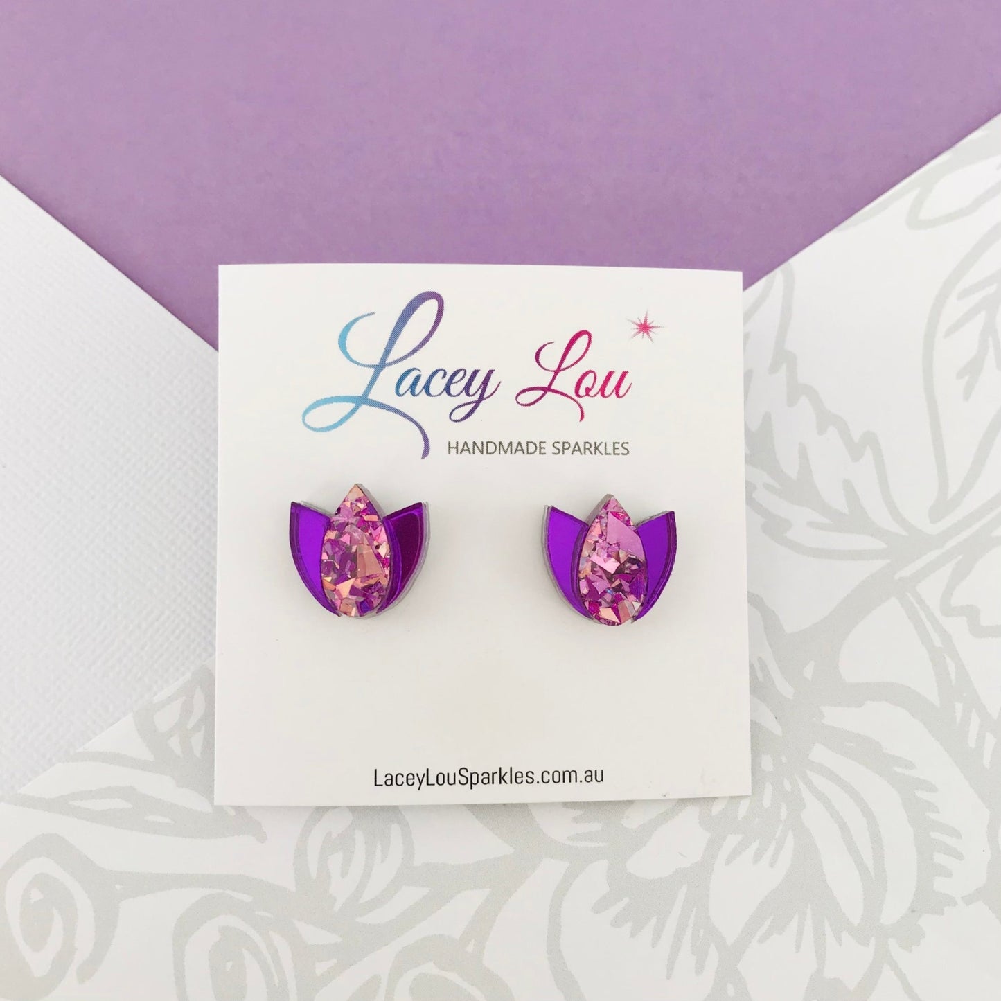 Tulip Acrylic Earrings - Unicorn Pink and Purple Tulip Studs - Lacey Lou Sparkles
