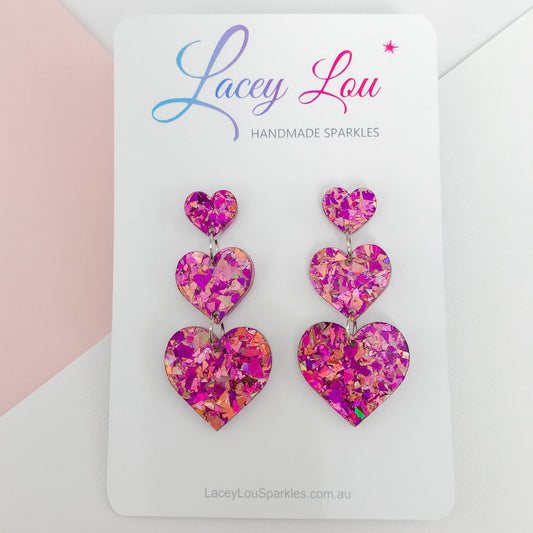 Unicorn Pink Heart Dangles - Pink Acrylic Earrings - Lacey Lou Sparkles