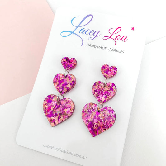 Unicorn Pink Heart Statement Dangles - Pink Acrylic Earrings - Lacey Lou Sparkles