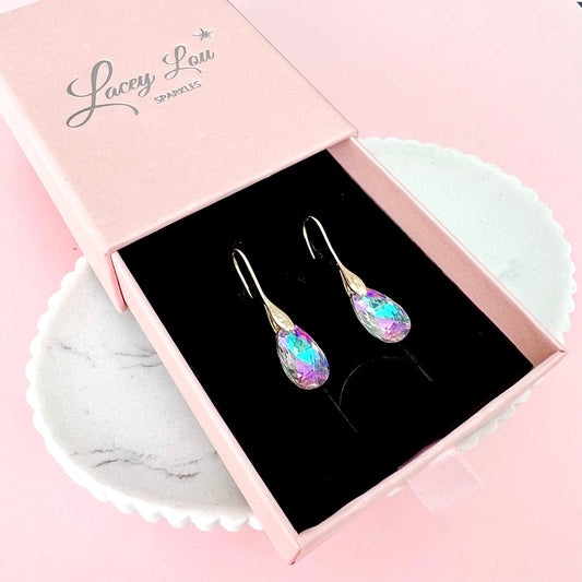 Violet Iridescent Teardrop Austrian Crystal Hook Earrings - Lacey Lou Sparkles